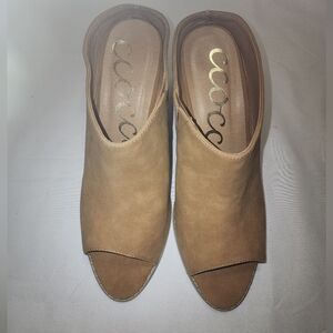 CCOCCI Womens Wedge Open Toe Mules Minimalist Tan Suede Slides